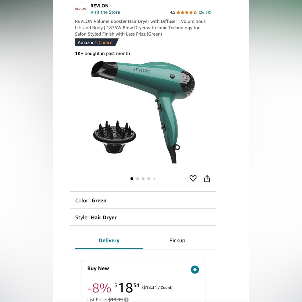 REVLON Volume Booster Hair Dryer with Diffuser | Voluminous Lift and Body | 1875